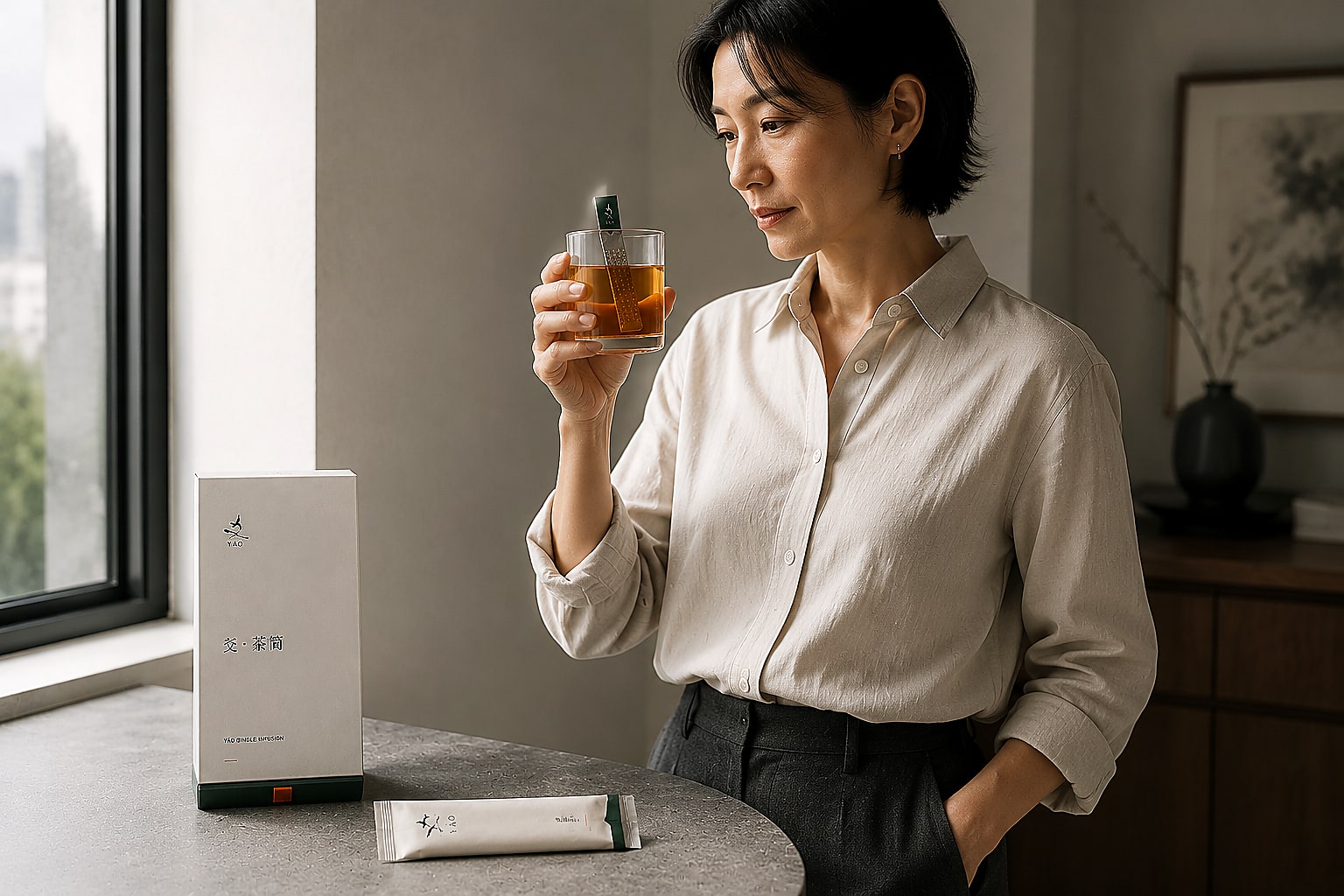 清晨窗边使用爻茶简的产品开发生活场景样张